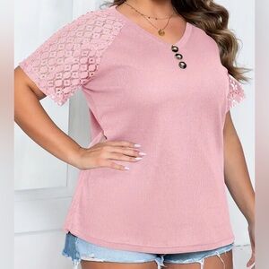 Noracora NEW Pink Waffle Knit Lace Tee Top XL